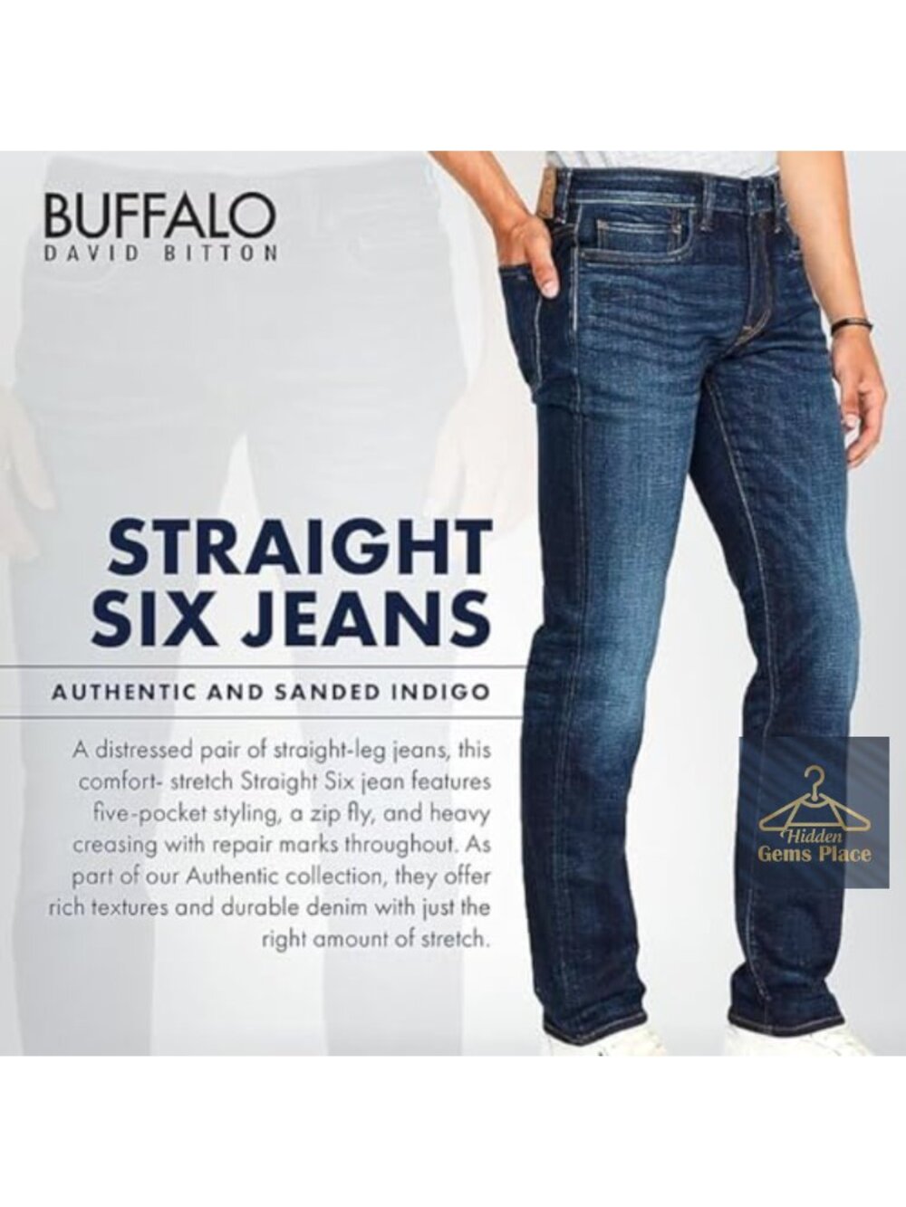 Straight Six Men's Straight Leg Jeans with Stretch 5-Pocket - Picture 5 of 6